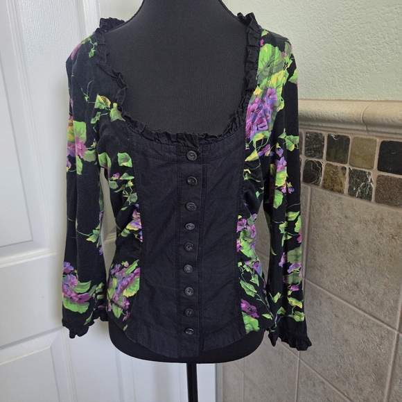Betsey Johnson Vtg Punk Blk Button-Front Top Purple & Green Floral Panels Medium - Picture 2 of 8